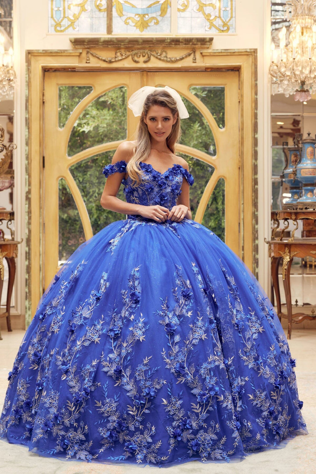 3D Floral Applique Off Shoulder Ball Gown by Juliet 1447