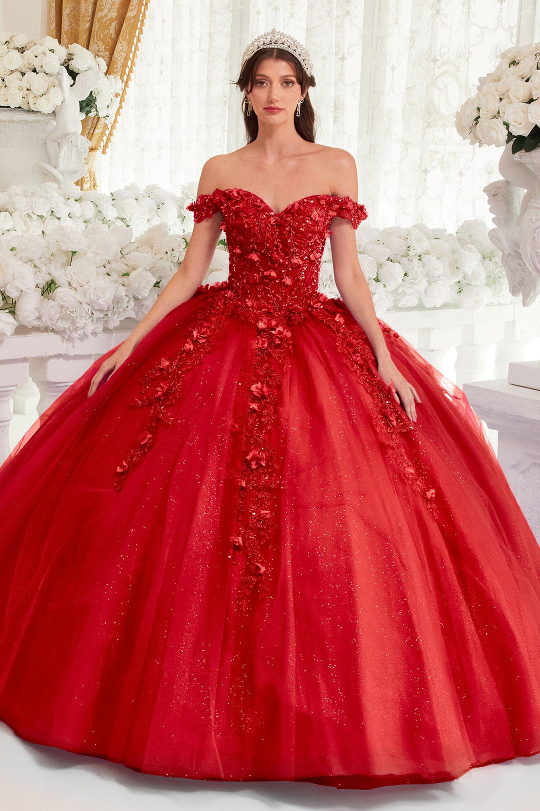 3D Floral Applique Off Shoulder Ball Gown by Ladivine 15717