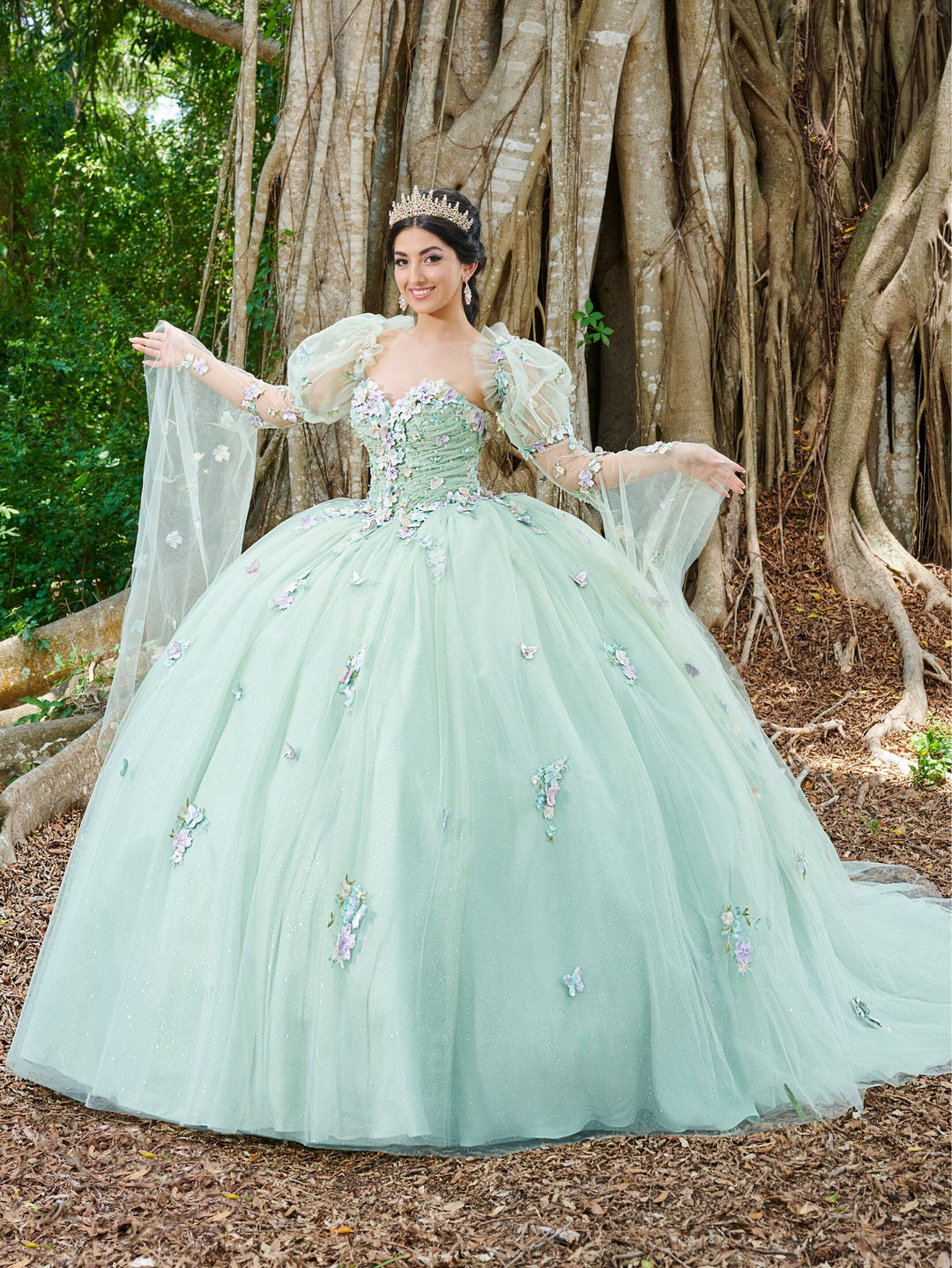 3D Floral Cape Sleeve Quinceanera Dress by Fiesta Gowns 56500