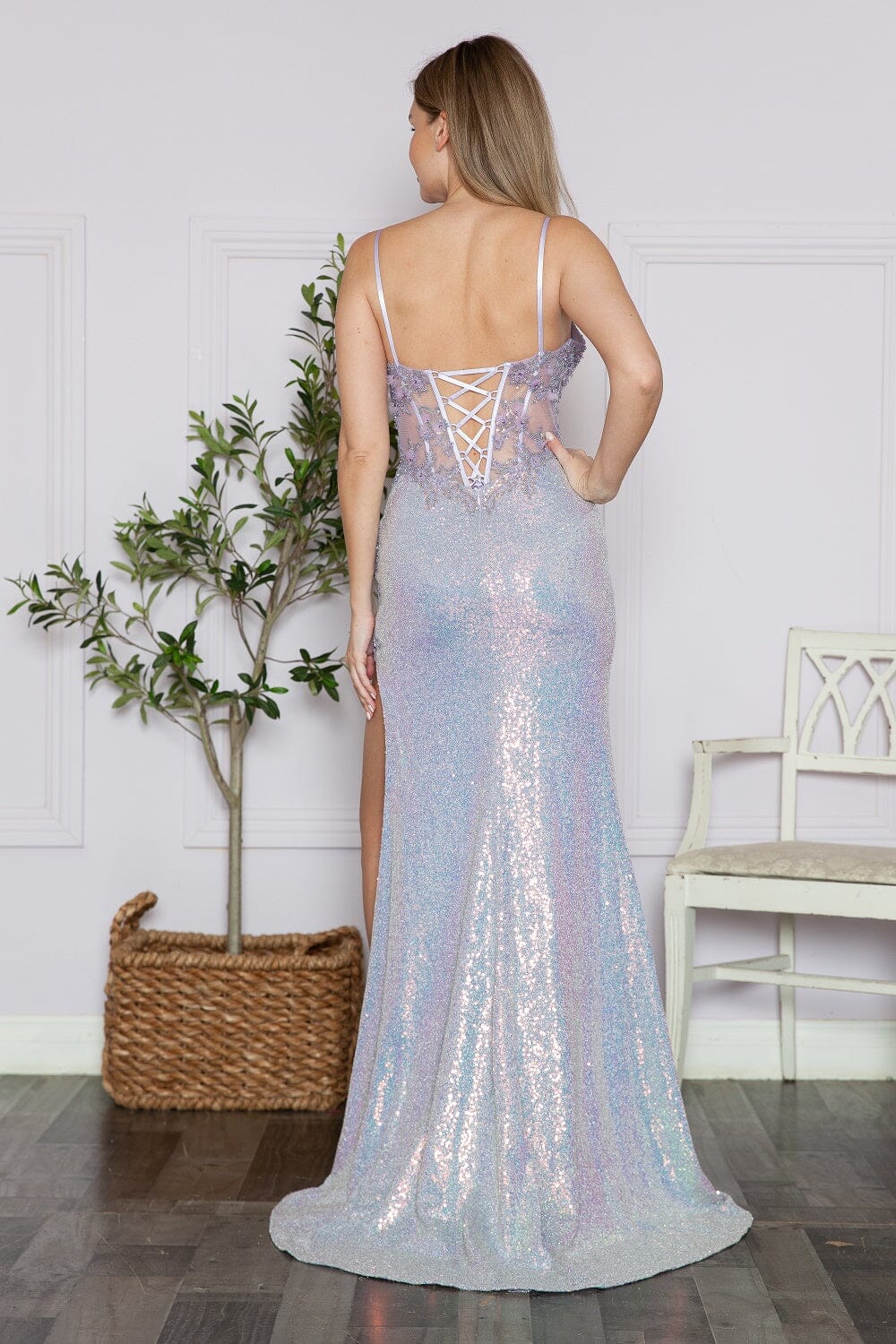Poly USA 9340 3D Floral Fitted Iridescent Sequin Slit Gown | FormalDressShops Rose Gold / L Poly USA 9340 3D Floral Fitted Iridescent Sequin Slit Gown | FormalDressShops Rose Gold / L