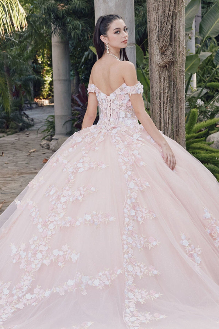 3D Floral Off Shoulder Corset Ball Gown by Juliet JT1460J