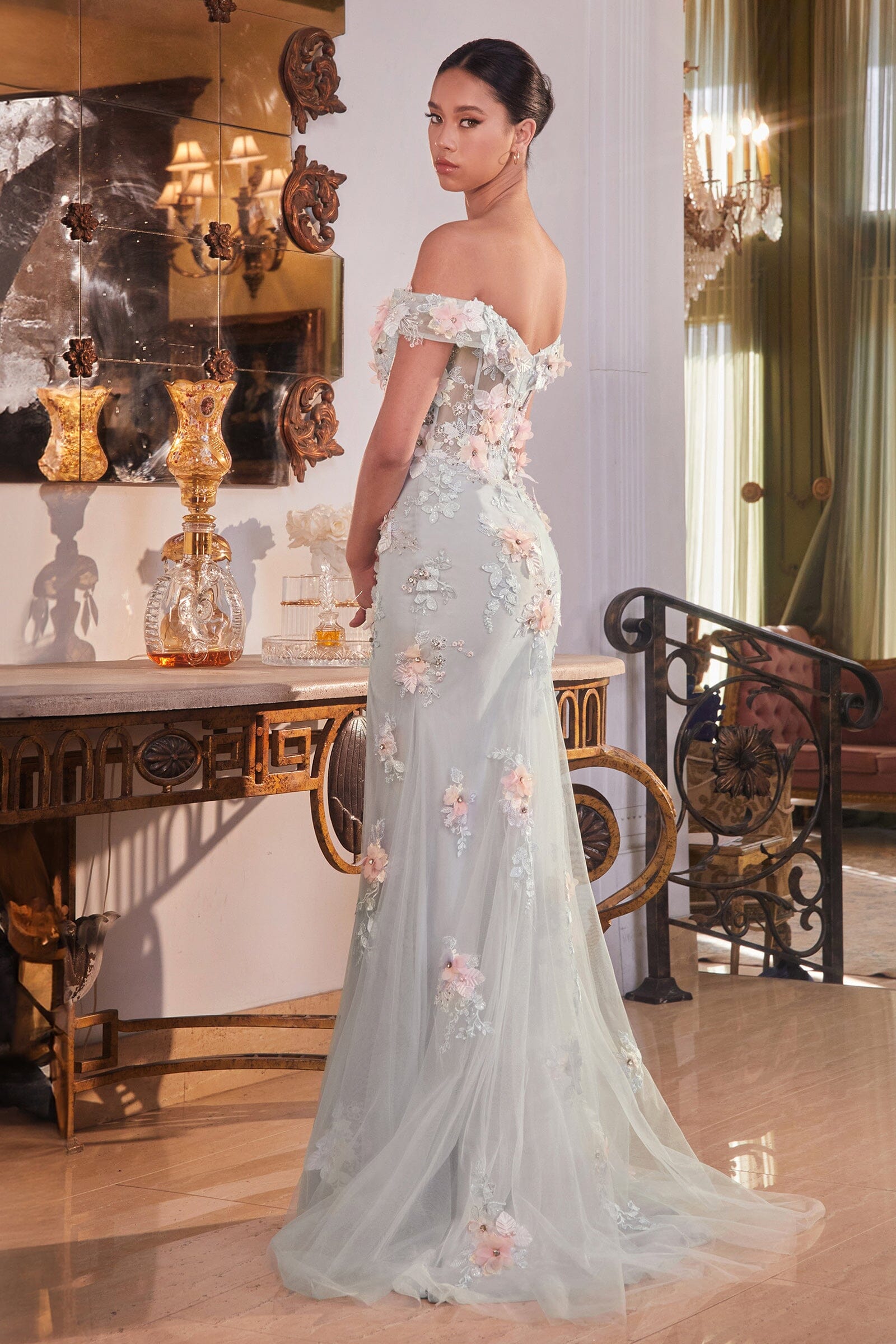 3D Floral Off Shoulder Corset Slit Gown by Ladivine CD005 – ABC