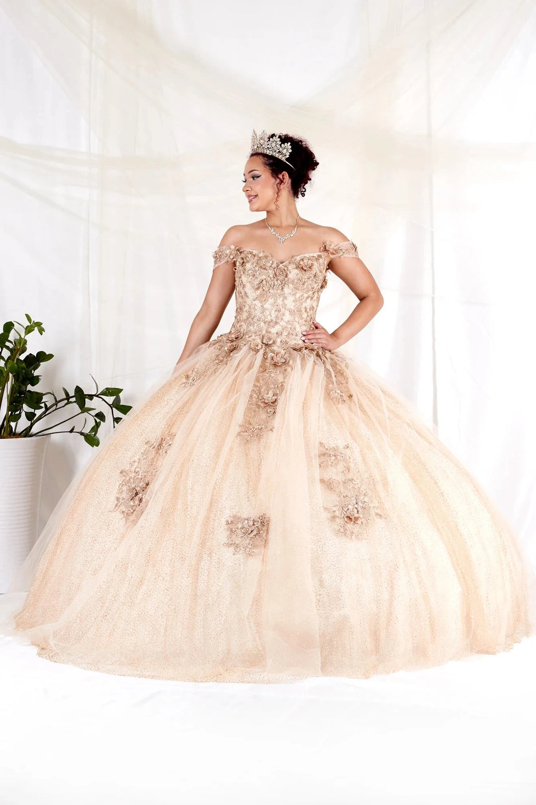 3D Floral Off Shoulder Glitter Ball Gown by Calla KY-73112