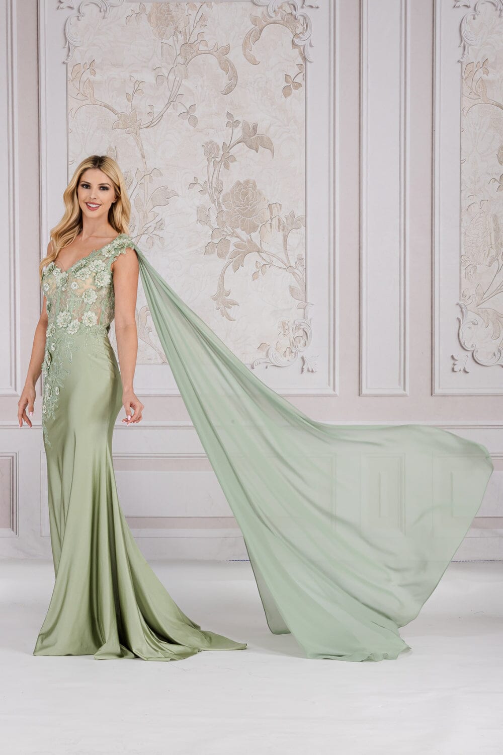 3D Floral One Shoulder Cape Gown by Amelia Couture 388