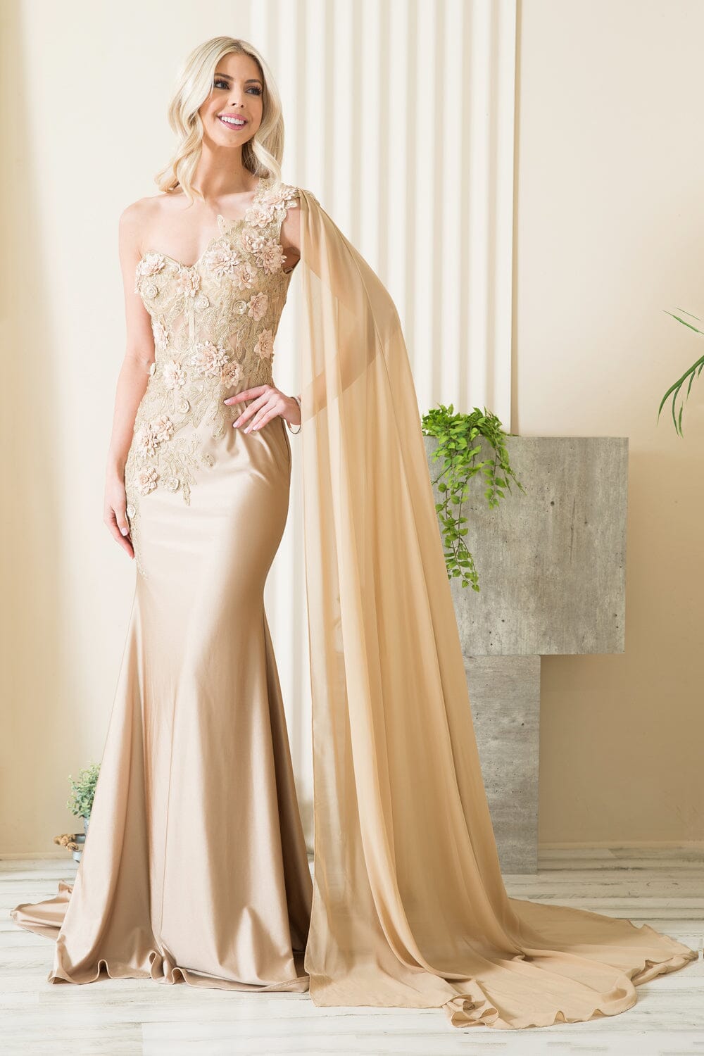 3D Floral One Shoulder Cape Gown by Amelia Couture 388