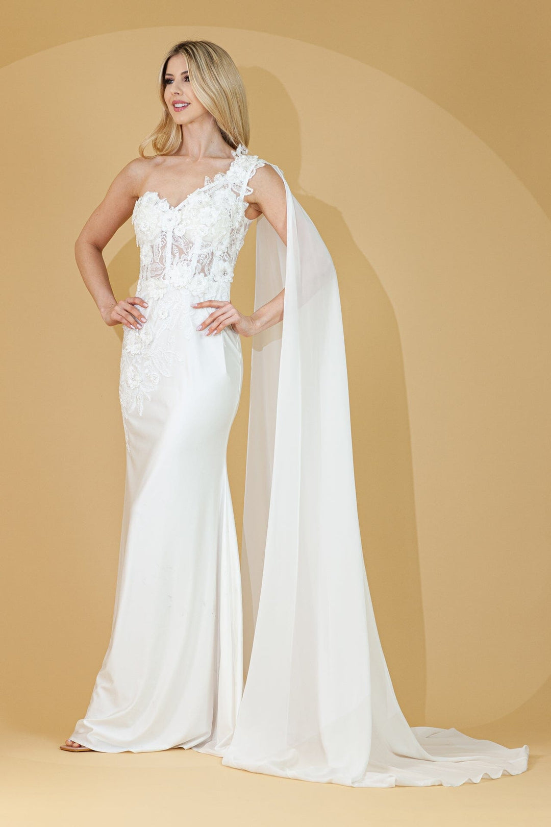 white one shoulder cape dress One-Shoulder Cape Gown with Elegant Bodice 38864