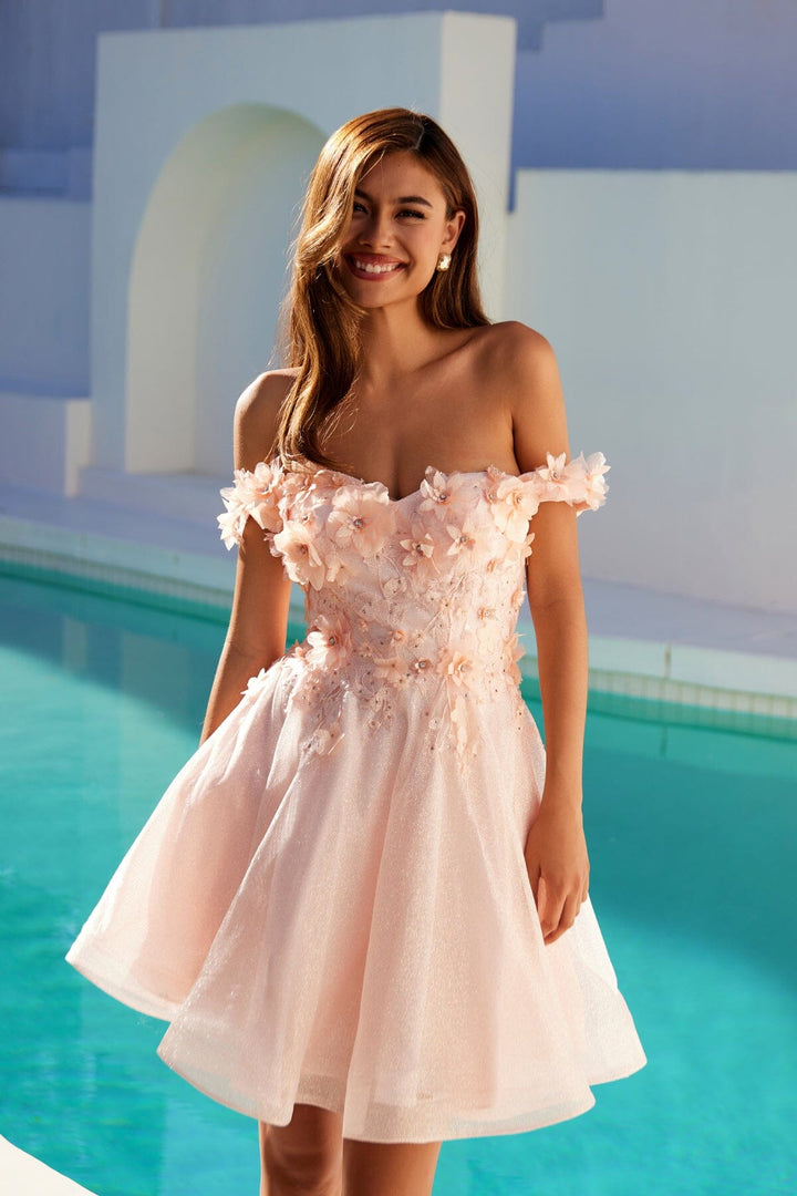 3D Floral Short Off Shoulder Dress by Juliet 861