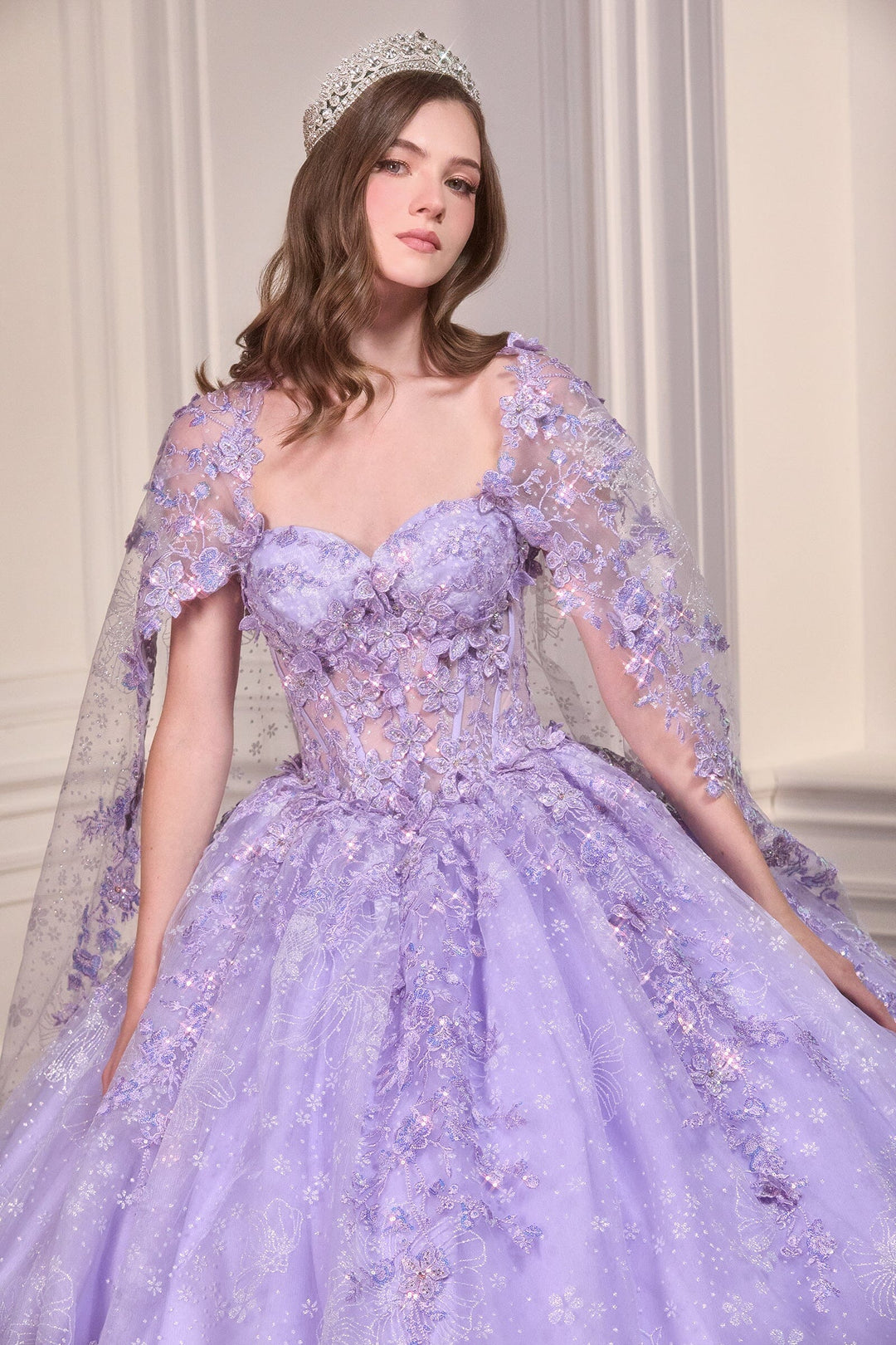 3D Floral Strapless Cape Ball Gown by Ladivine 15719