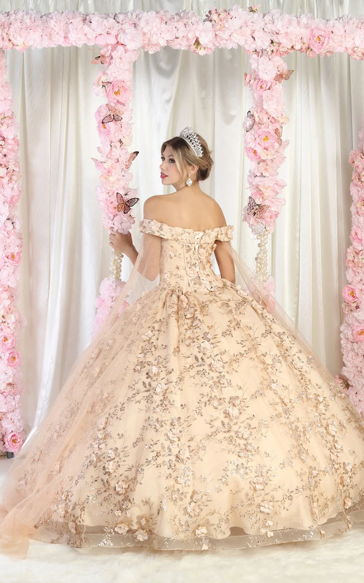 3D Floral Cape Sleeve Ball Gown by May Queen LK184