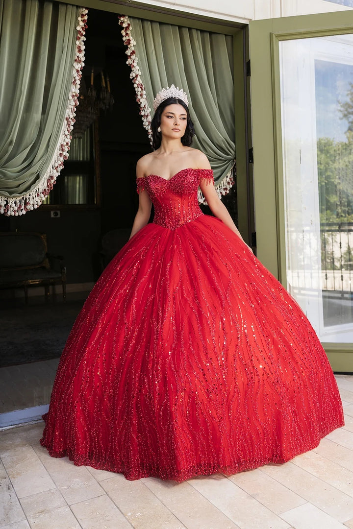 Off Shoulder Fringe Ball Gown by May Queen LK264
