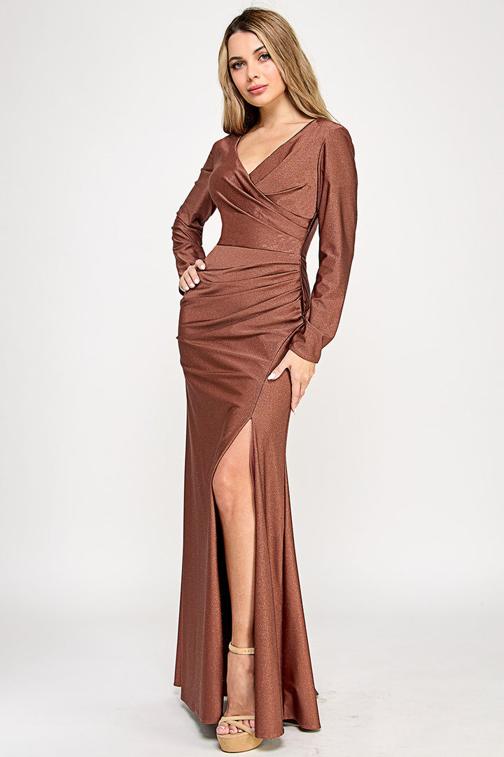 Glitter Long Sleeve Slit Gown by Lenovia 5323