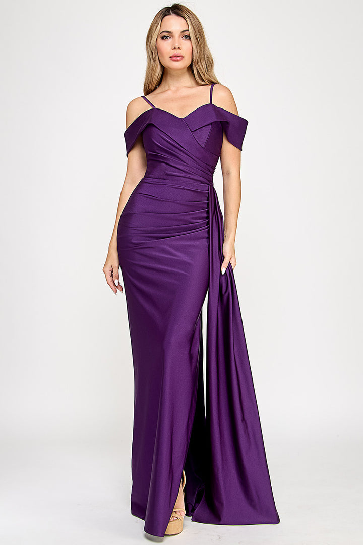 Satin Fitted Cold Shoulder Slit Gown by Lenovia 5320