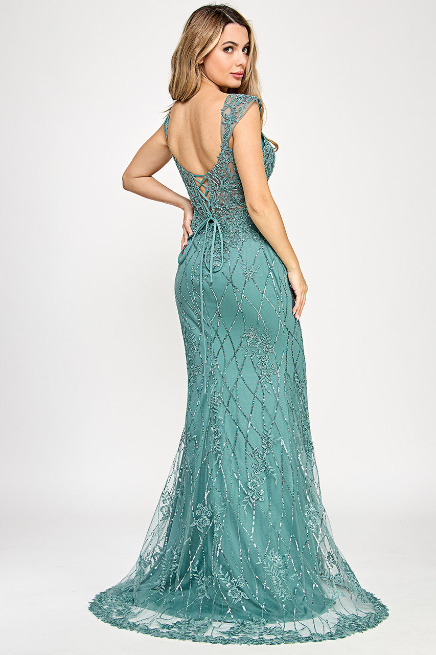 Beaded Mesh Fitted Sleeveless Gown by Lenovia 8350