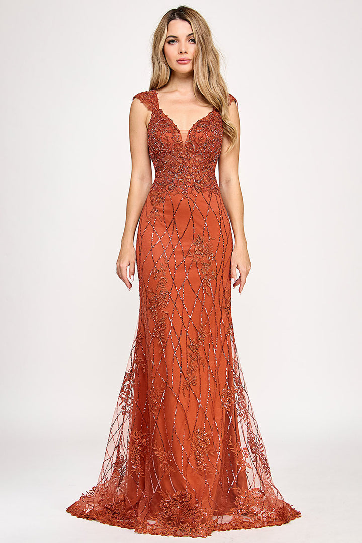 Beaded Mesh Fitted Sleeveless Gown by Lenovia 8350