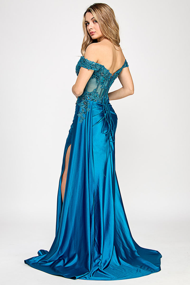 Sateen Off Shoulder Slit Gown by Lenovia 8360