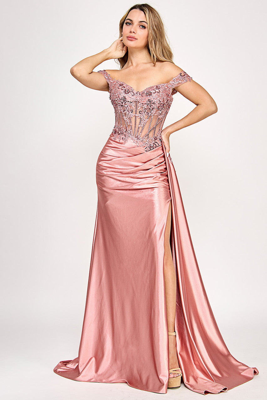 Sateen Off Shoulder Slit Gown by Lenovia 8360