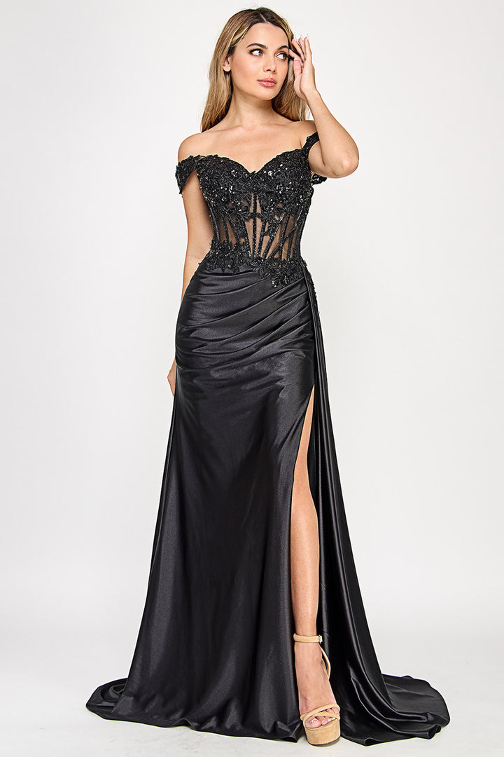 Sateen Off Shoulder Slit Gown by Lenovia 8360
