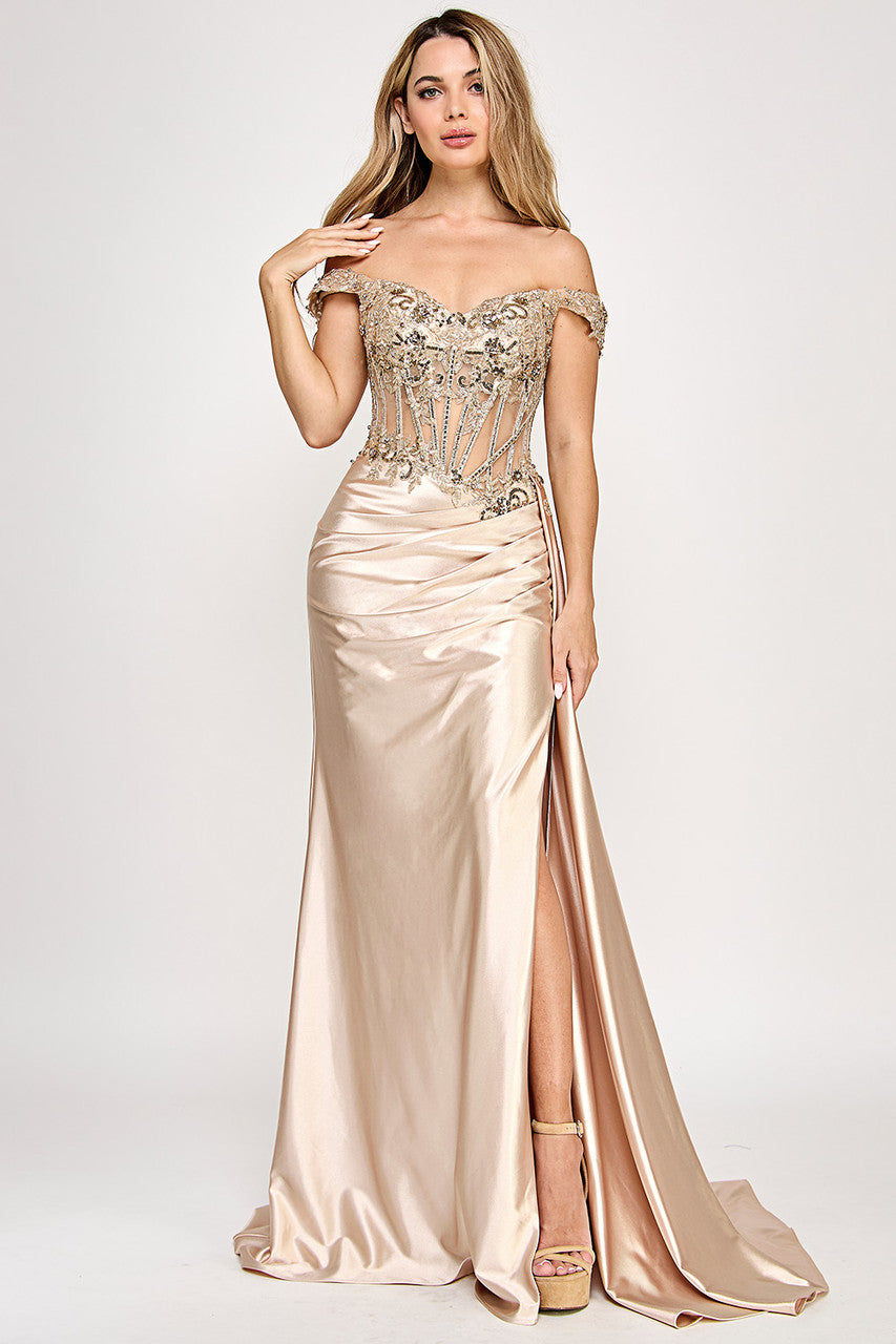 Sateen Off Shoulder Slit Gown by Lenovia 8360