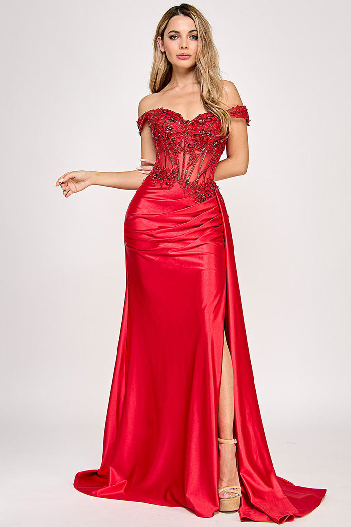 Sateen Off Shoulder Slit Gown by Lenovia 8360