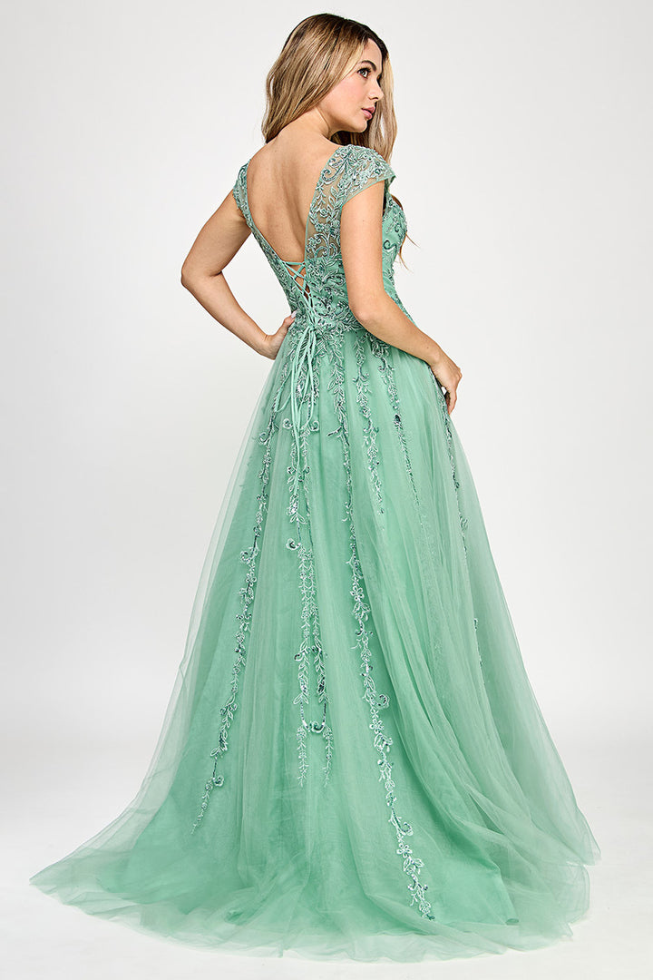 Embroidered Cap Sleeve A-line Gown by Lenovia 8349