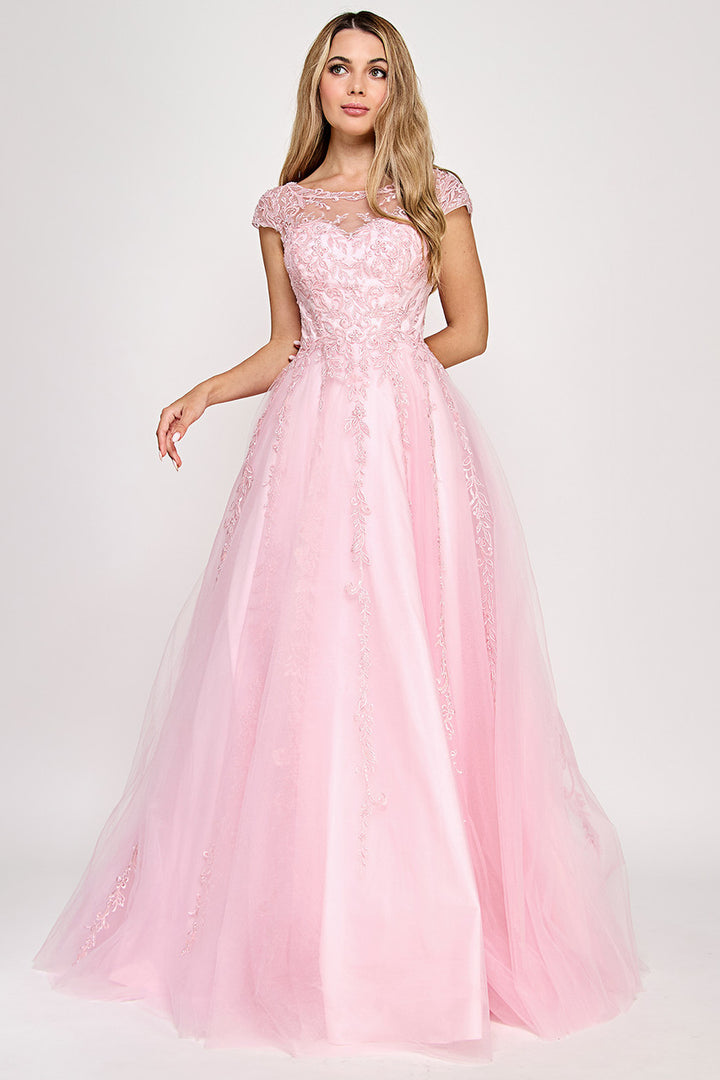 Embroidered Cap Sleeve A-line Gown by Lenovia 8349