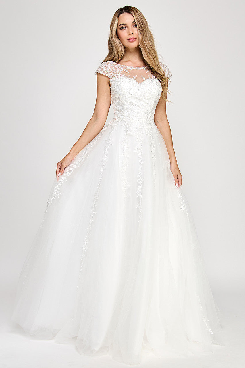 Embroidered Cap Sleeve A-line Gown by Lenovia 8349