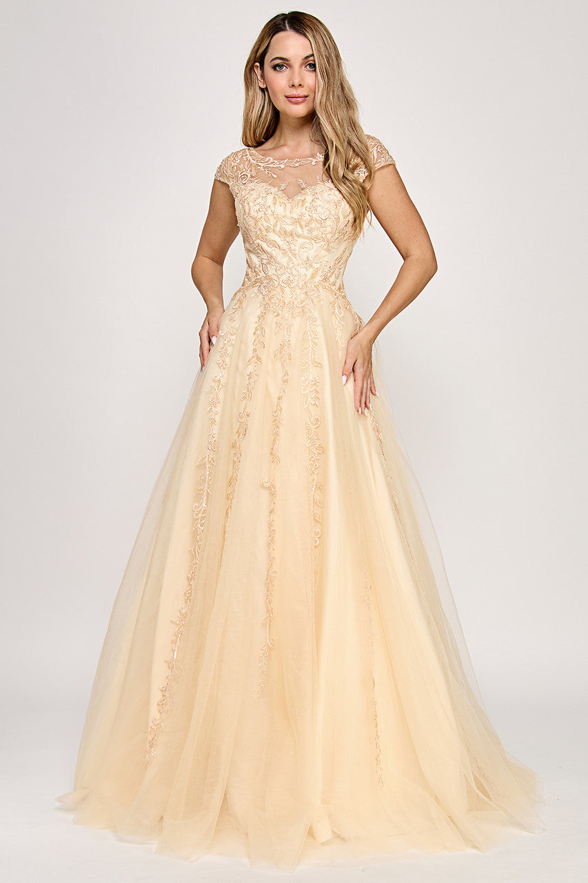 Embroidered Cap Sleeve A-line Gown by Lenovia 8349