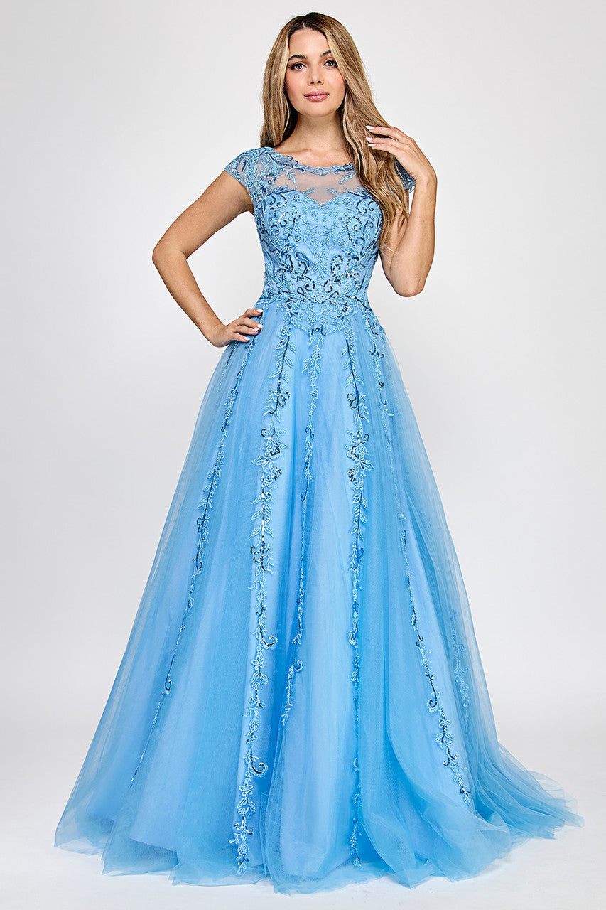 Embroidered Cap Sleeve A-line Gown by Lenovia 8349