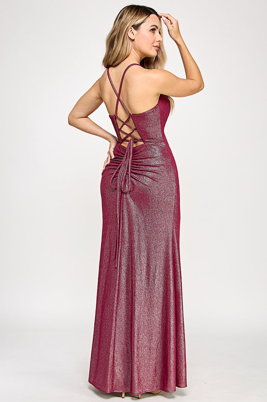 Metallic Fitted Cowl Slit Gown by Lenovia 5328