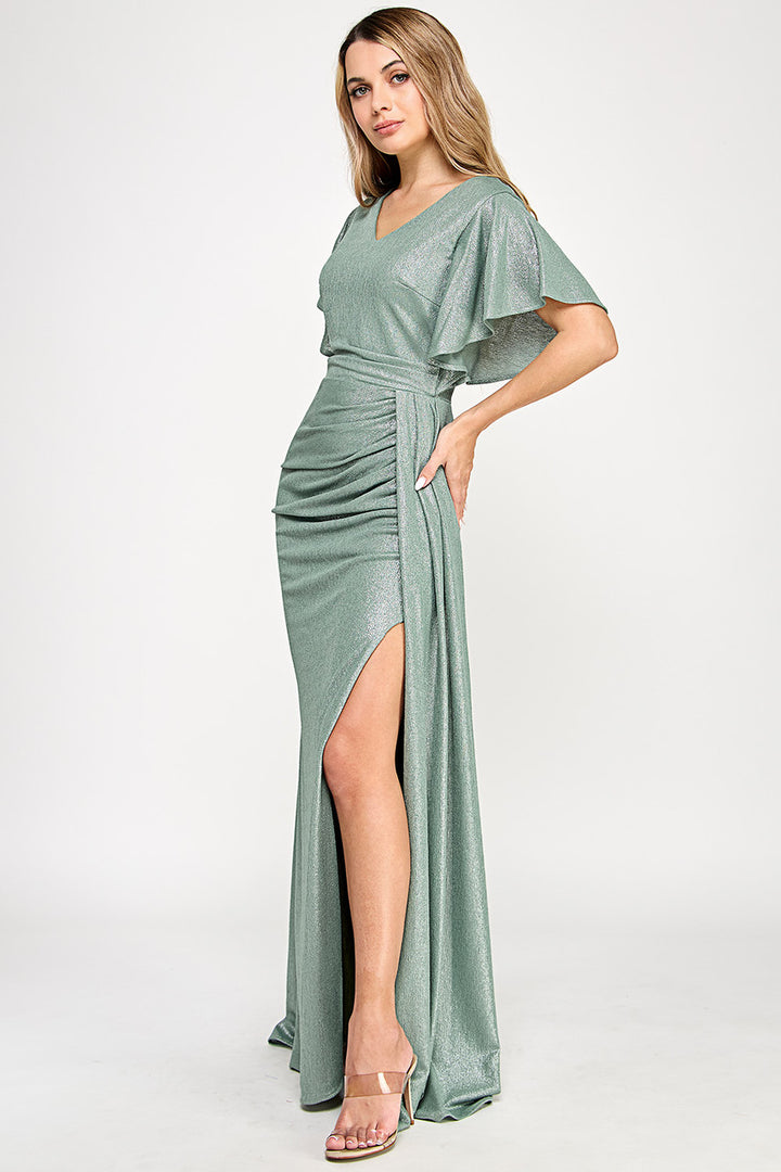 Metallic Short Sleeve Slit Gown by Lenovia 5329