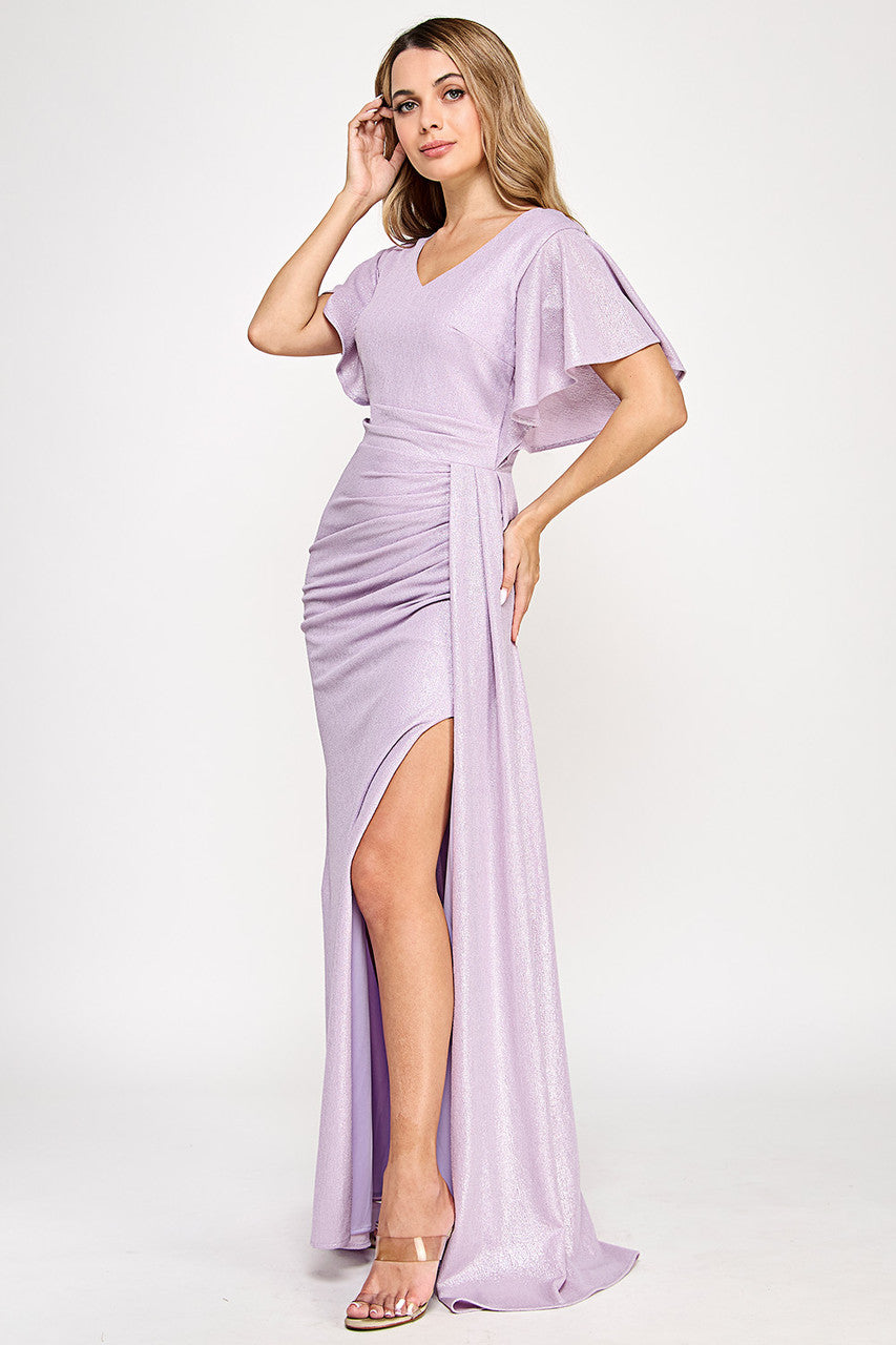 Metallic Short Sleeve Slit Gown by Lenovia 5329