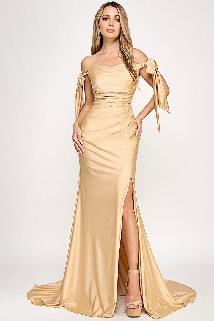 Ribbon Off Shoulder Slit Gown by Lenovia 8358