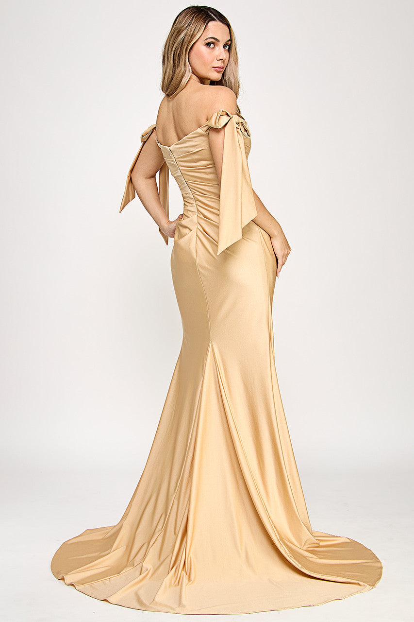 Ribbon Off Shoulder Slit Gown by Lenovia 8358