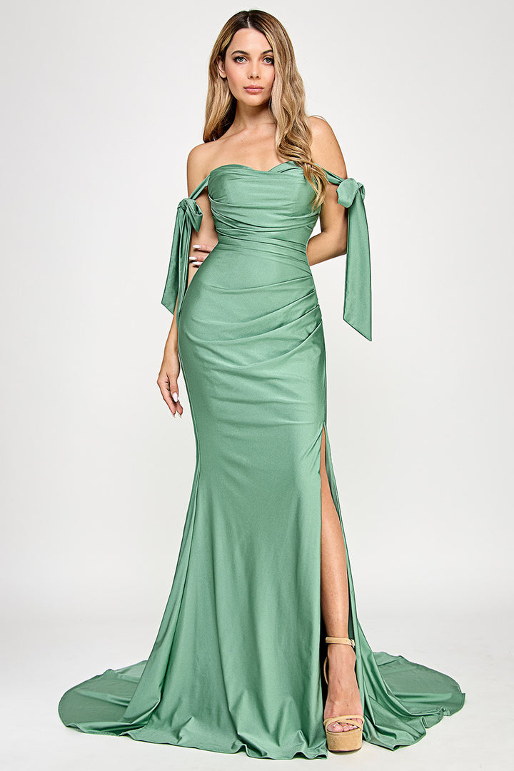 Ribbon Off Shoulder Slit Gown by Lenovia 8358