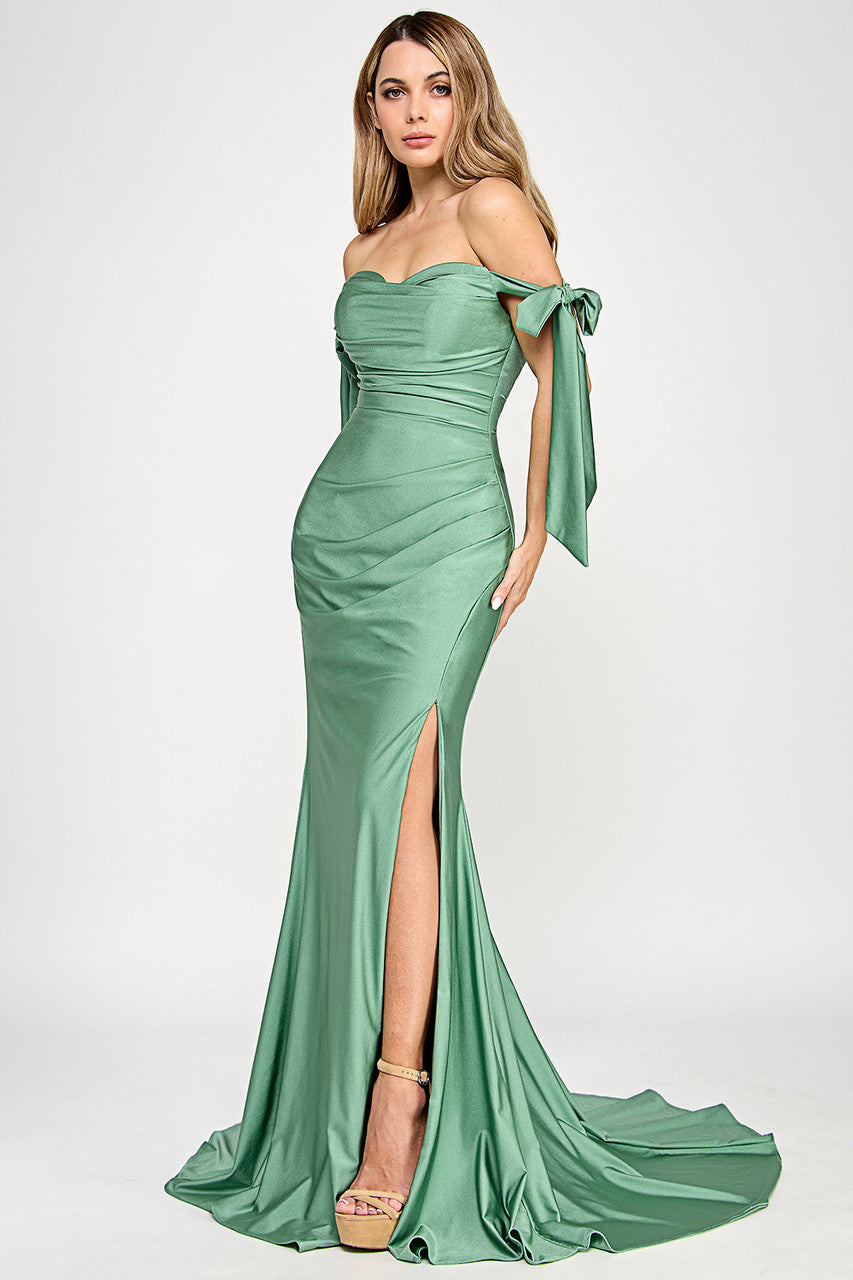 Ribbon Off Shoulder Slit Gown by Lenovia 8358