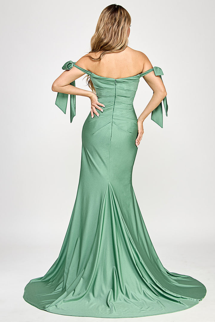 Ribbon Off Shoulder Slit Gown by Lenovia 8358