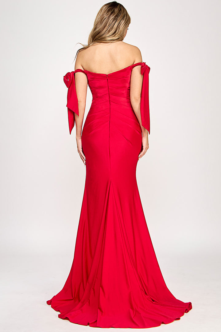 Ribbon Off Shoulder Slit Gown by Lenovia 8358