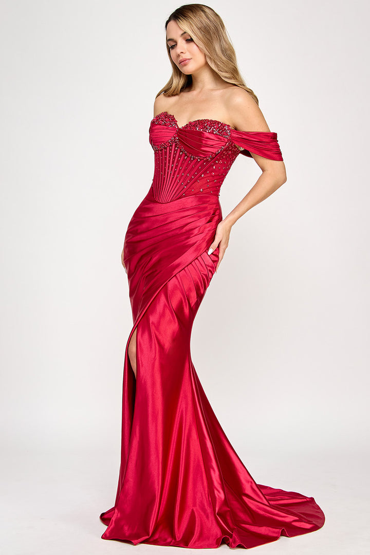 Beaded Off Shoulder Strapless Slit Gown by Lenovia 8403