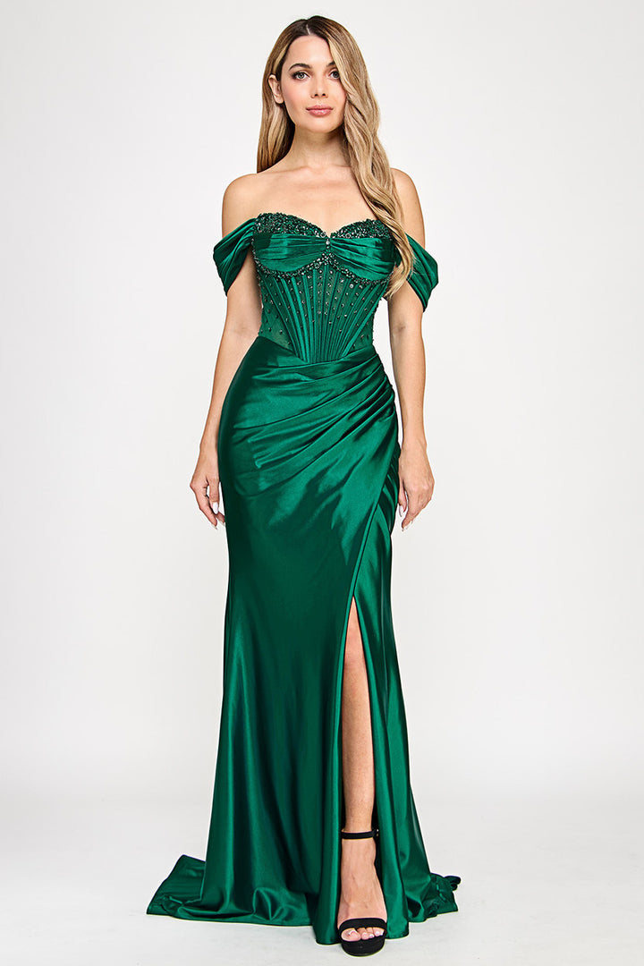 Beaded Off Shoulder Strapless Slit Gown by Lenovia 8403