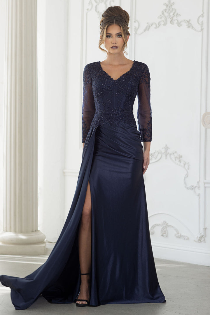 Applique Satin 3/4 Sleeve Slit Gown by Lenovia 8366