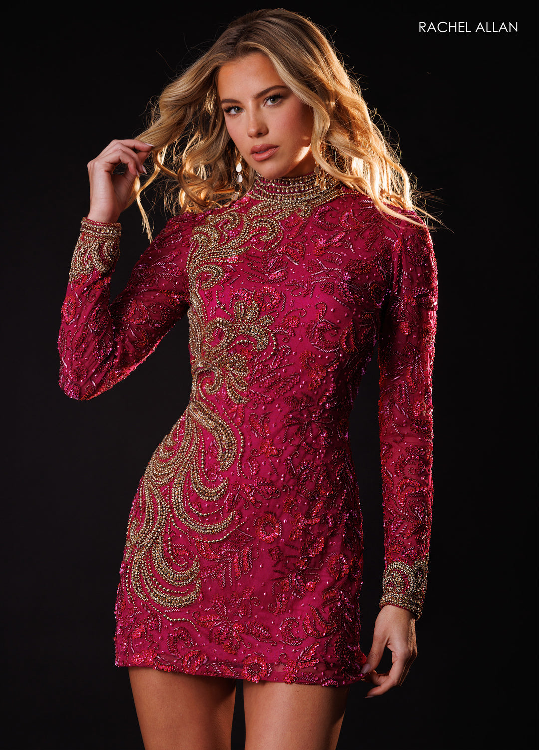 Beaded Short Long Sleeve Dress by Rachel Allan 40692