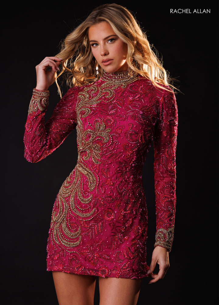 Beaded Short Long Sleeve Dress by Rachel Allan 40692