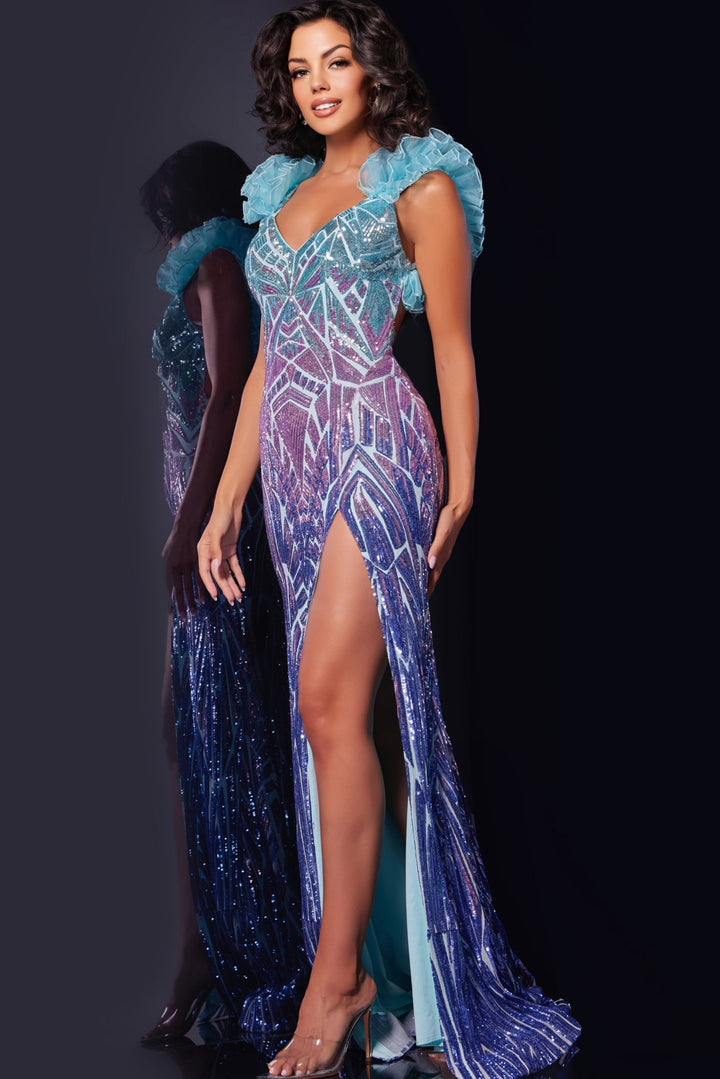 Sequin Fitted Ruffle Sleeve Slit Gown by Jovani 40761