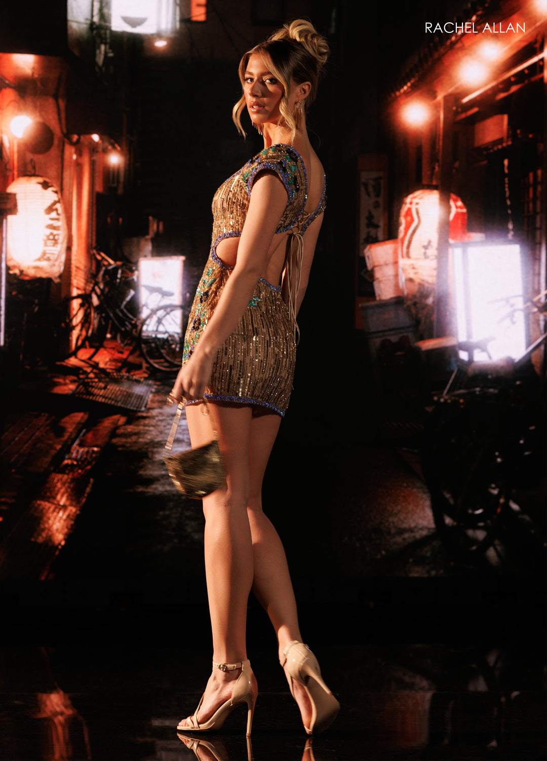 Beaded Short Cap Sleeve Dress by Rachel Allan 40762