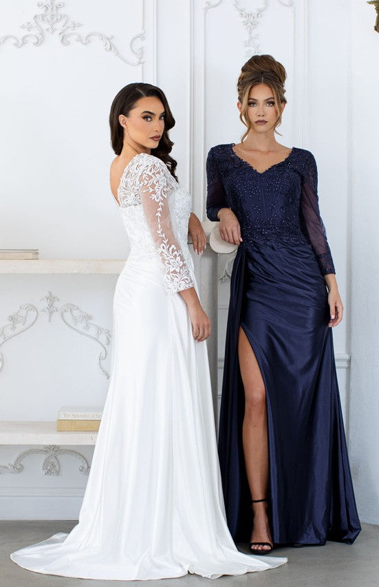 Applique Satin 3/4 Sleeve Slit Gown by Lenovia 8366