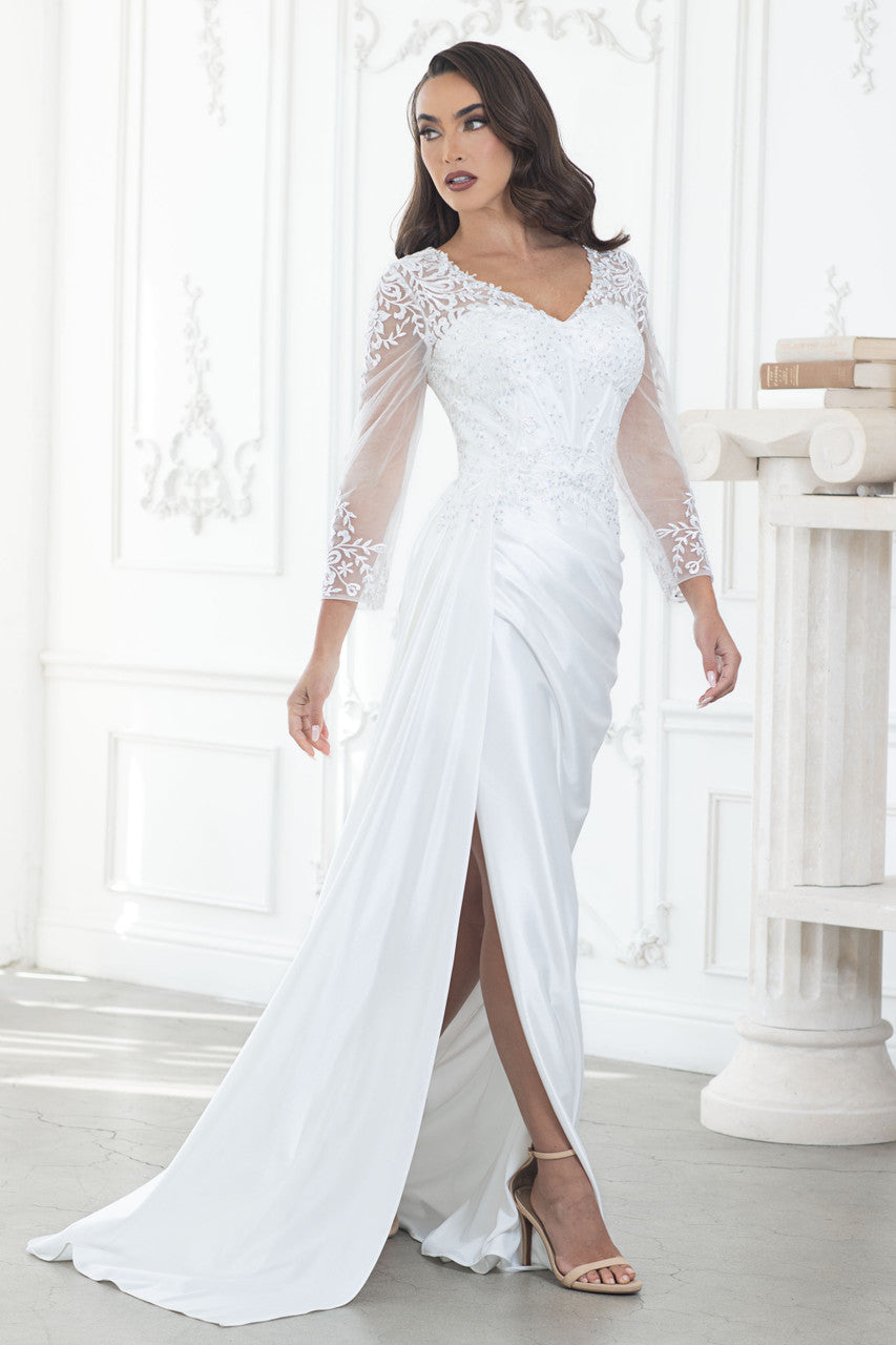 Applique Satin 3/4 Sleeve Slit Gown by Lenovia 8366