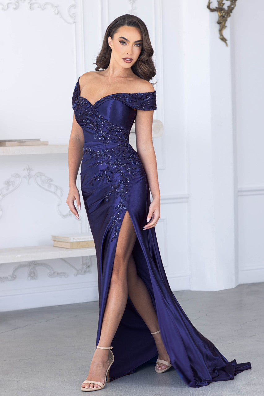 Embroidered Off Shoulder Slit Gown by Lenovia 8353