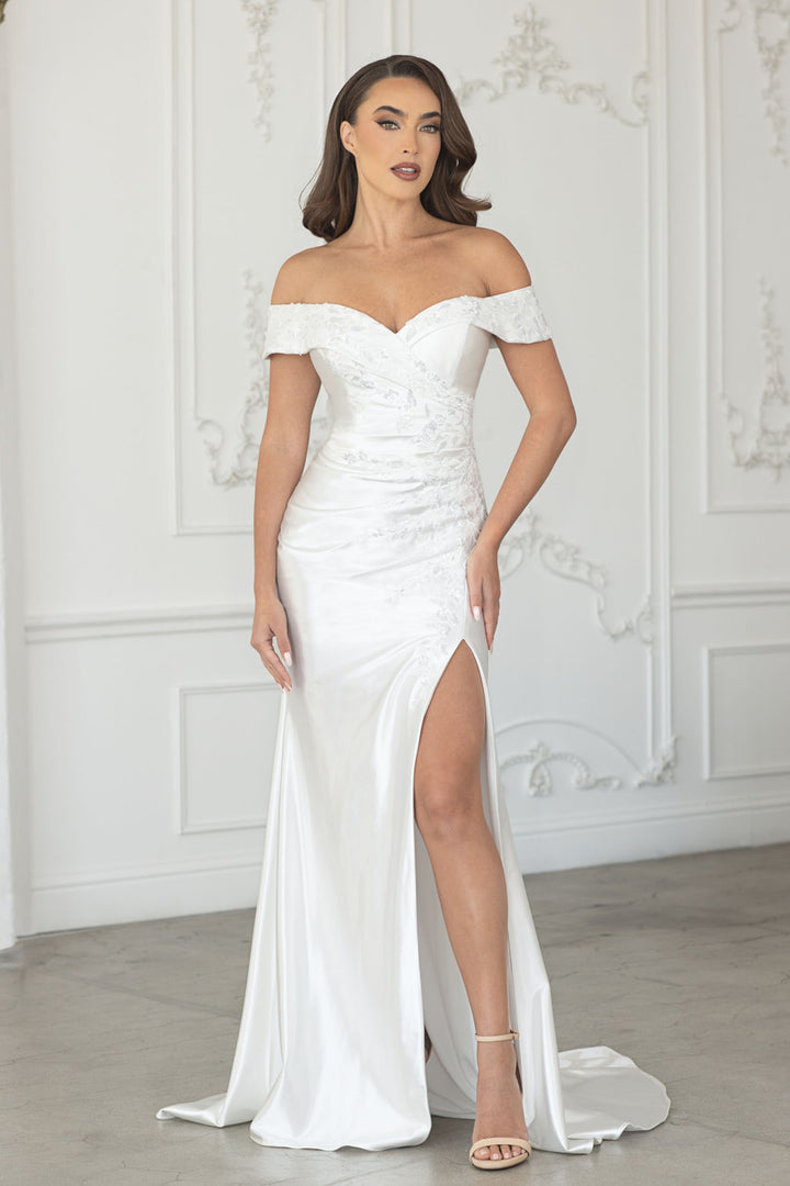 Embroidered Off Shoulder Slit Gown by Lenovia 8353