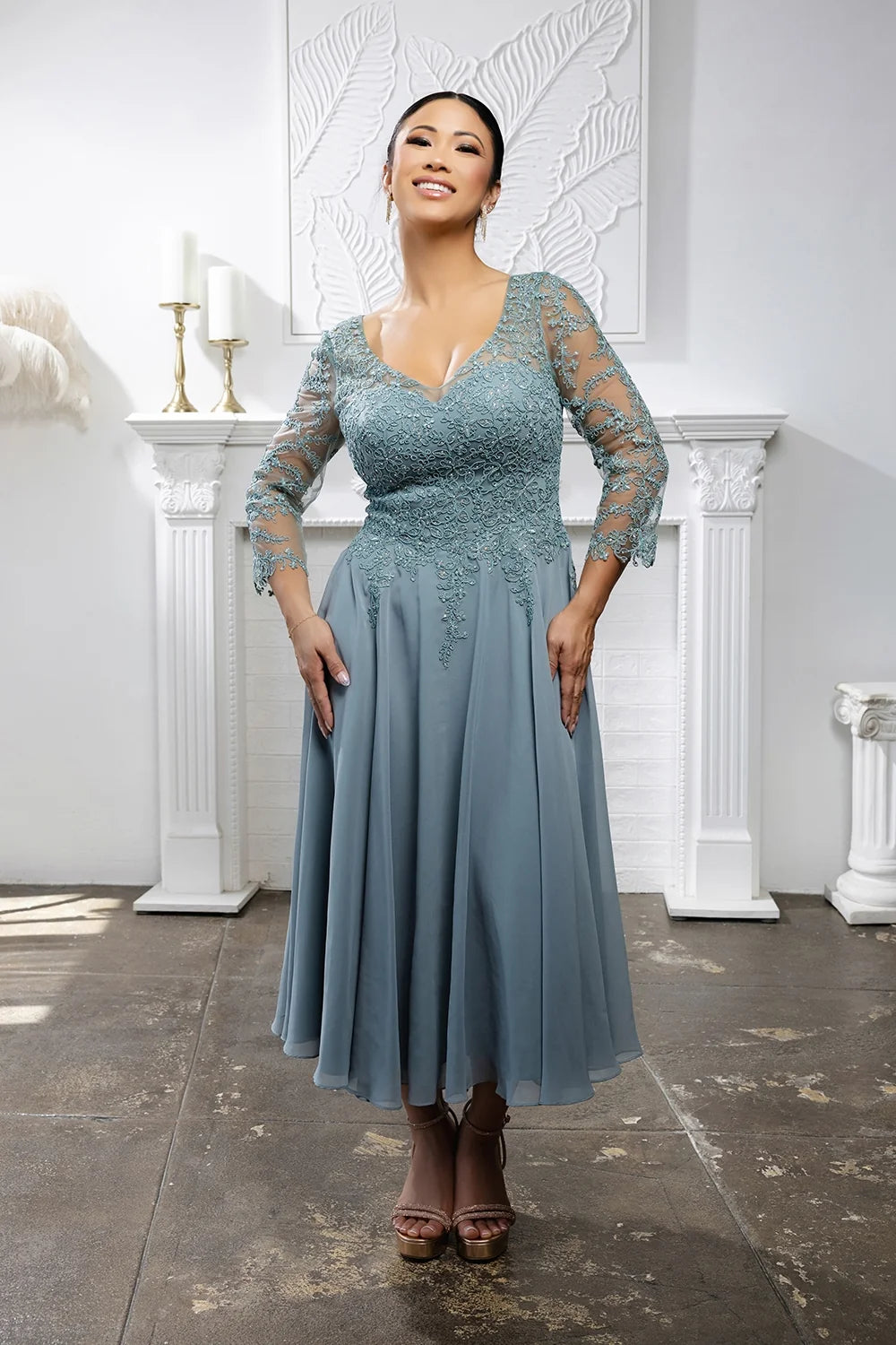3/4 Sleeve Tea Length Dress by May Queen MQ2108