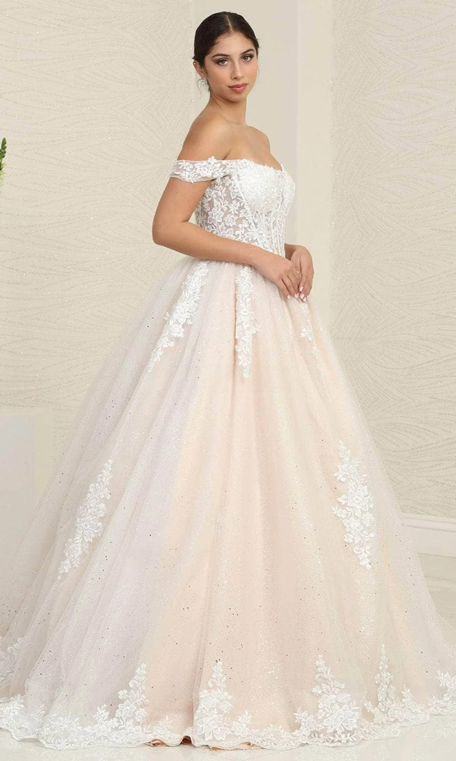 Applique Off Shoulder Ball Gown by May Queen LK253